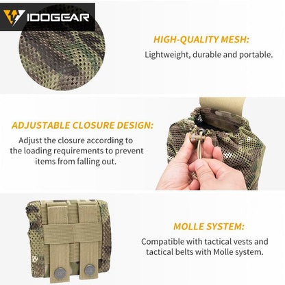 IDOGEAR Tactical Mesh Dump Pouch MOLLE Drop Pouch Recycling Bag Velcro Foldable Lightweight Convenient Outdoor Sports Camping Hunting Bags 3595